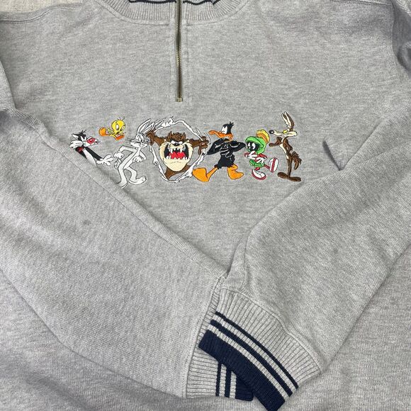 Vintage 1998 Looney Tunes Pullover Sweatshirt Warner Bros. Medium Grey 1/4th Zip - Picture 9 of 10